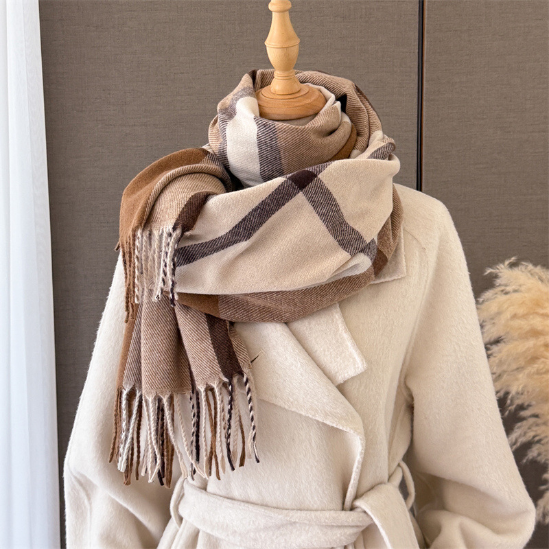 Cashmere Pashmina Wrap - 女性用スコットランド風チェック柄イミテーションカシミヤショール 190*68CM、タッセル付き暖かいパシュミナブランケットラップ、エレガントな秋冬用大型スカーフ