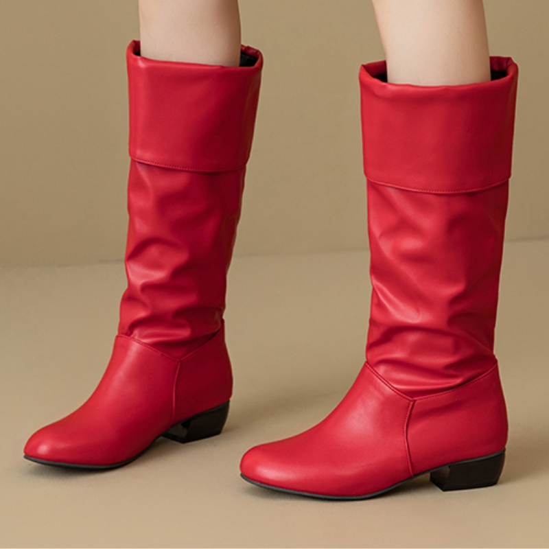 Waterproof Winter Boot - スリップオンニーハイブーツプリーツ秋靴レディースハイブーツエレガントブラックホワイトレッドロングシューズレディース大きいサイズ47防水