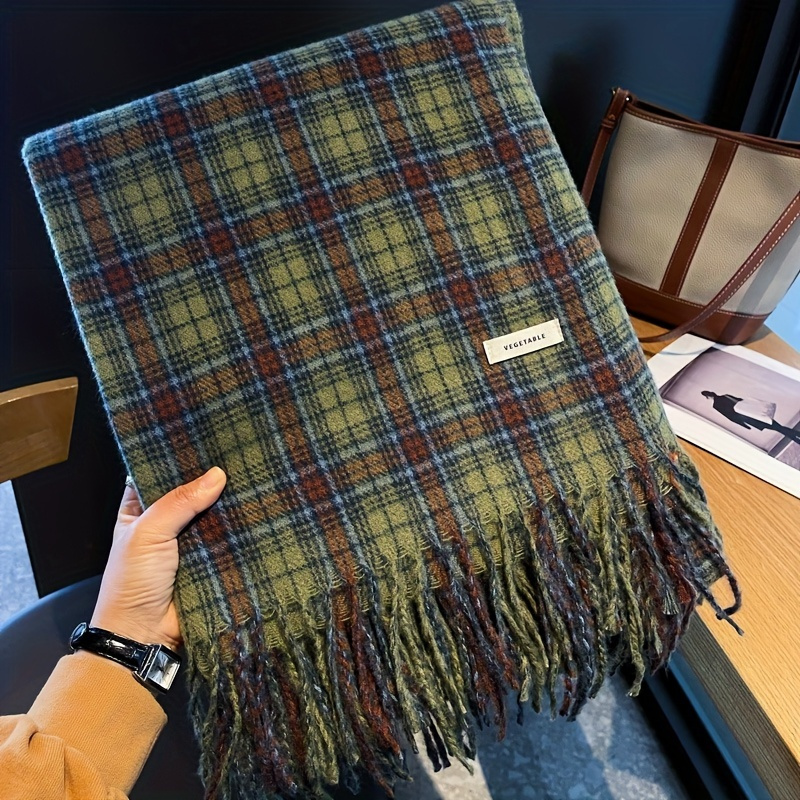 Cashmere Pashmina Wrap - ヴィンテージグリーンチェック柄タッセルスカーフ女性模造カシミヤ肥厚暖かさ秋冬ショールラップスカーフ