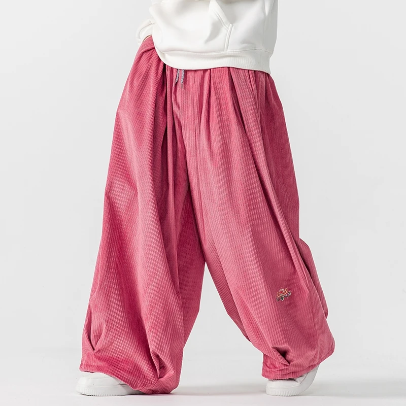 Corduroy Pant Warm - 男性コーデュロイワイドレッグパンツ男性和風ルーズ厚く暖かいカジュアル刺繍ヒップホップズボンメンズストリートパンツ