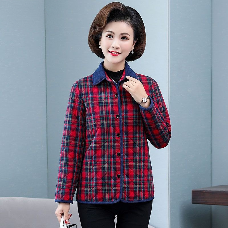 Flannel Shirt Lined - 秋冬用チェック柄コットンシャツ、厚手の長袖ルーズフィット女性用コート、純綿フランネル裏地、中高年向け