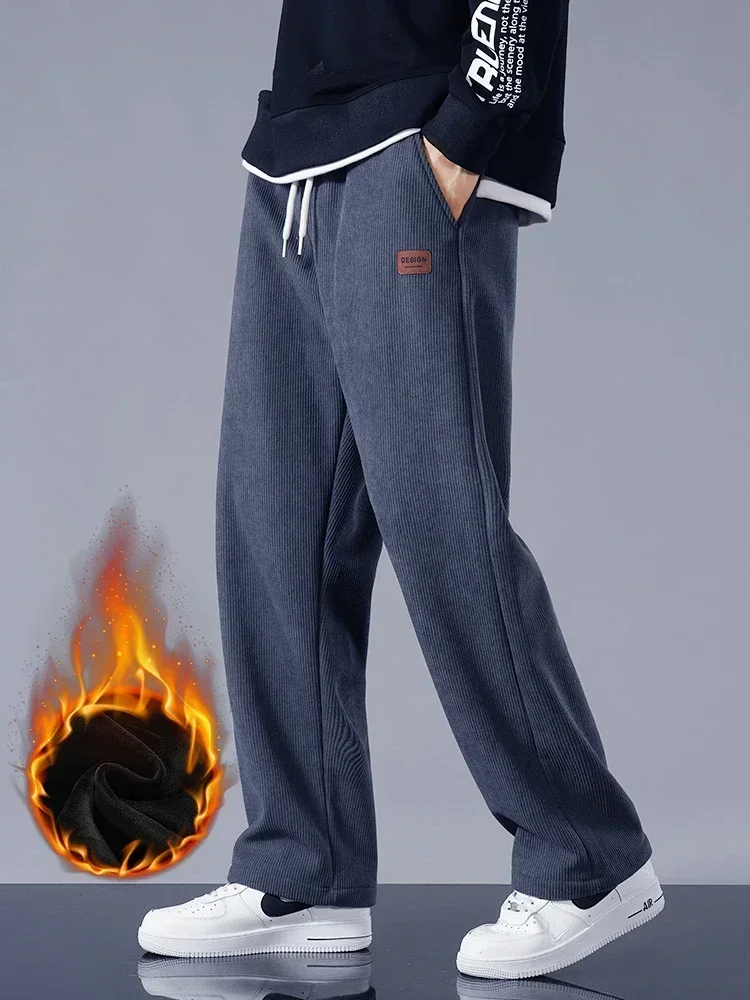 Corduroy Pant Warm - 冬厚く暖かいコーデュロイスウェットパンツ男性フリースライナー巾着ストレートルーズトラックパンツ男性カジュアルフリース熱ズボン