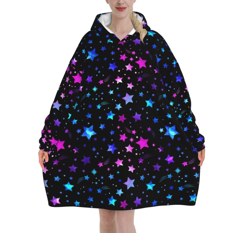 Sherpa Hoodie Fleece - 宇宙銀河星座干支星柄ウェアラブルフーディブランケット レディースプルオーバースウェットシャツ オーバーサイズ暖かいフリースシェルパブランケット